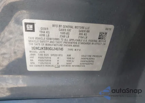 2016 Chevrolet Trax 1Ls z USA, uszkodzony, nr VIN 3GNCJKSB9GL249745